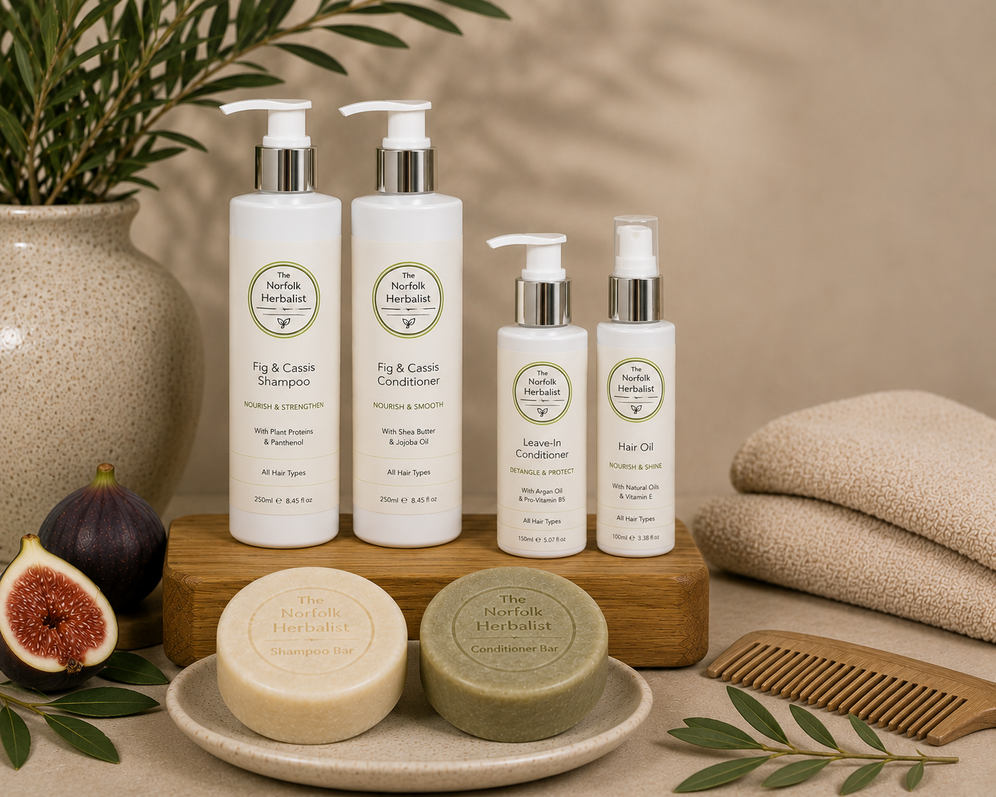 The Norfolk Herbalist natural haircare collection with nourishing hair oil, liquid shampoo and conditioner, and The Natural Spa shampoo and conditioner bars in a botanical setting.