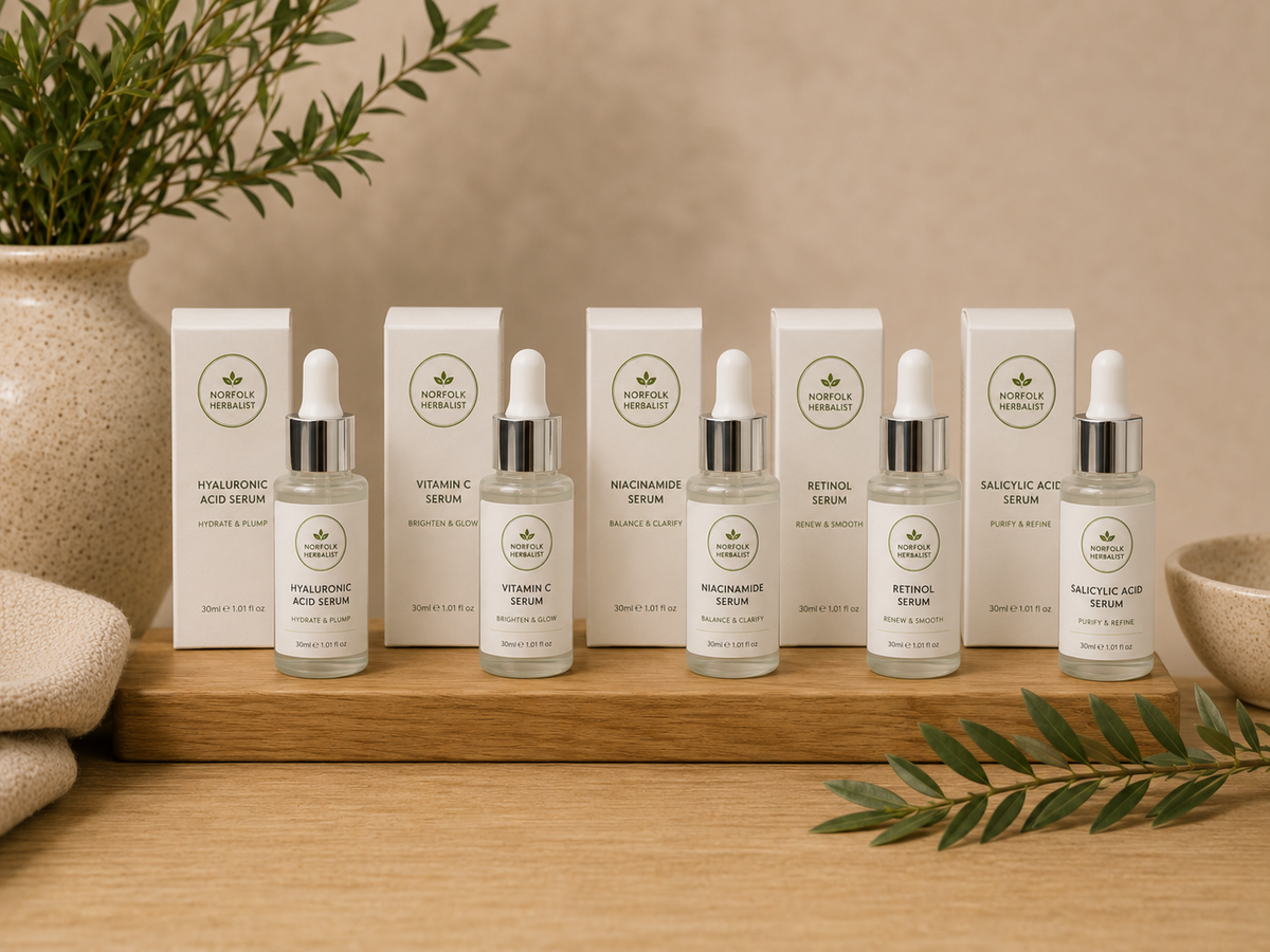 The Norfolk Herbalist facial serum collection in glass dropper bottles