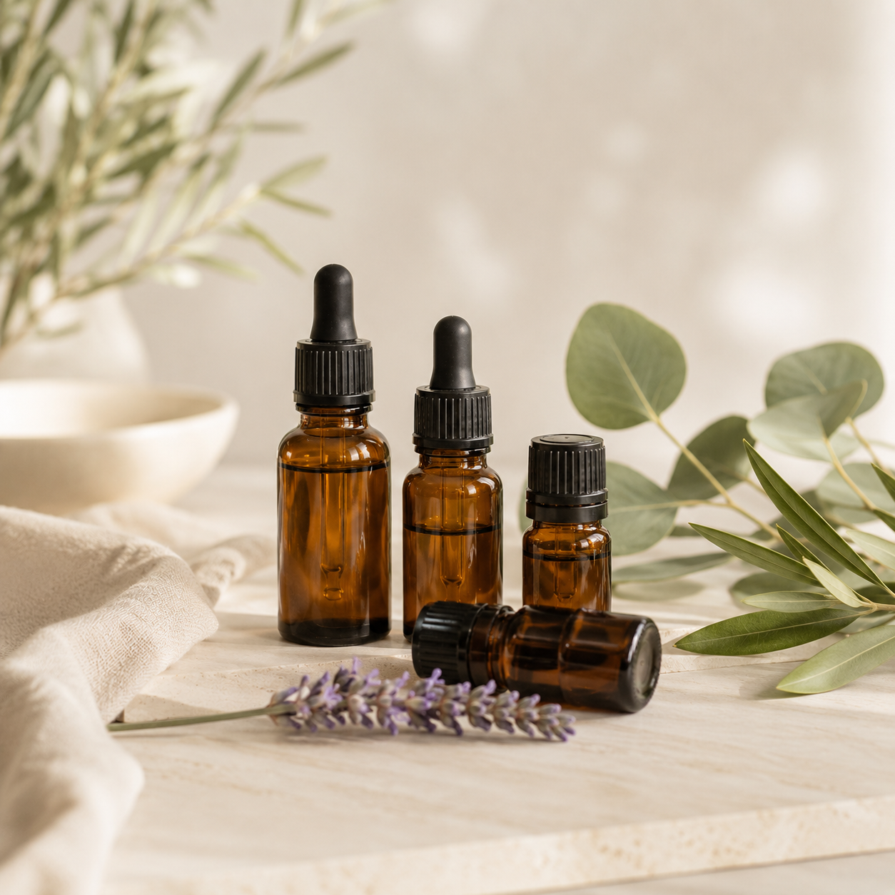 Essential oil bottles with botanical leaves in a neutral setting