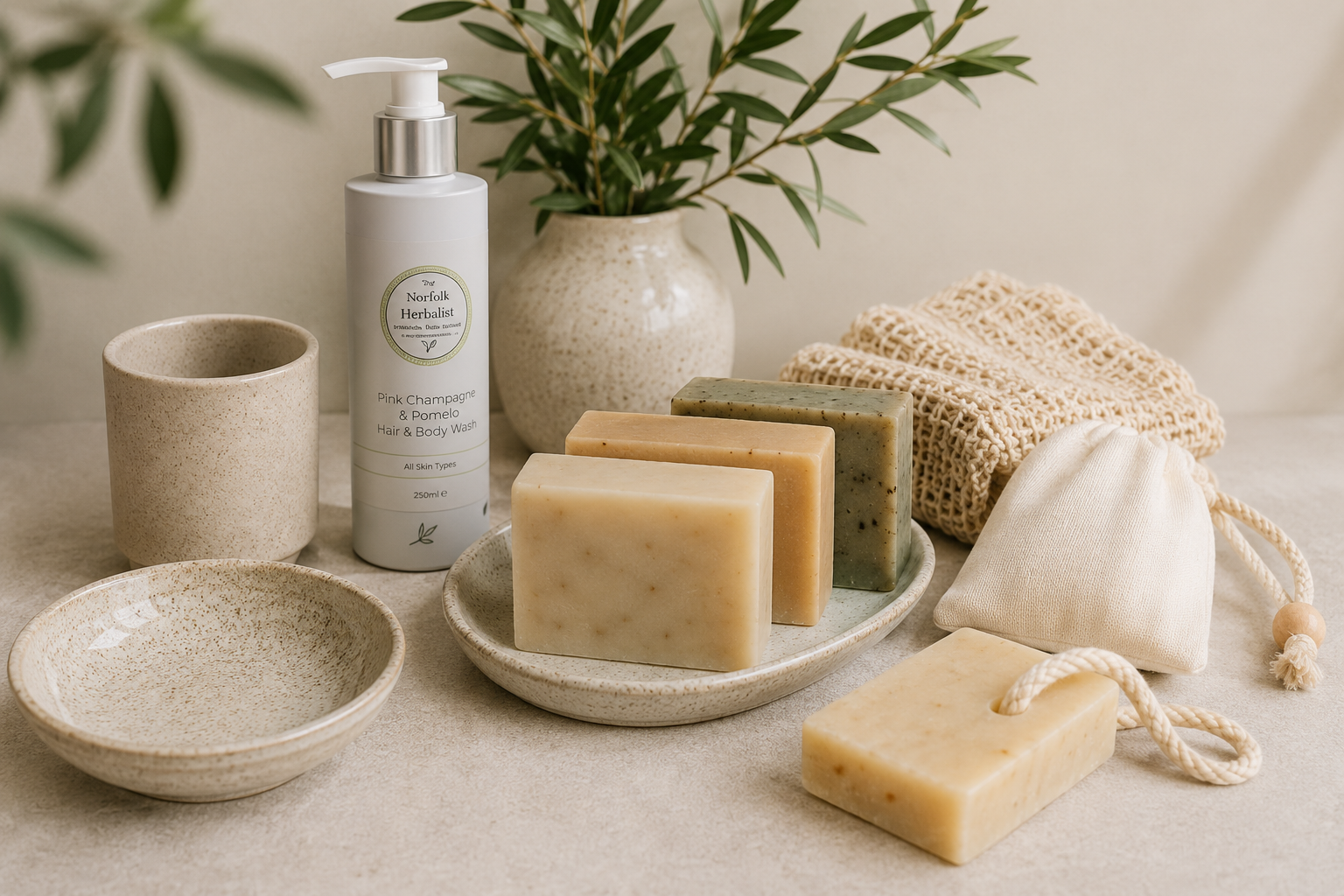 Natural soaps, body wash and soap accessories in a neutral bathroom setting