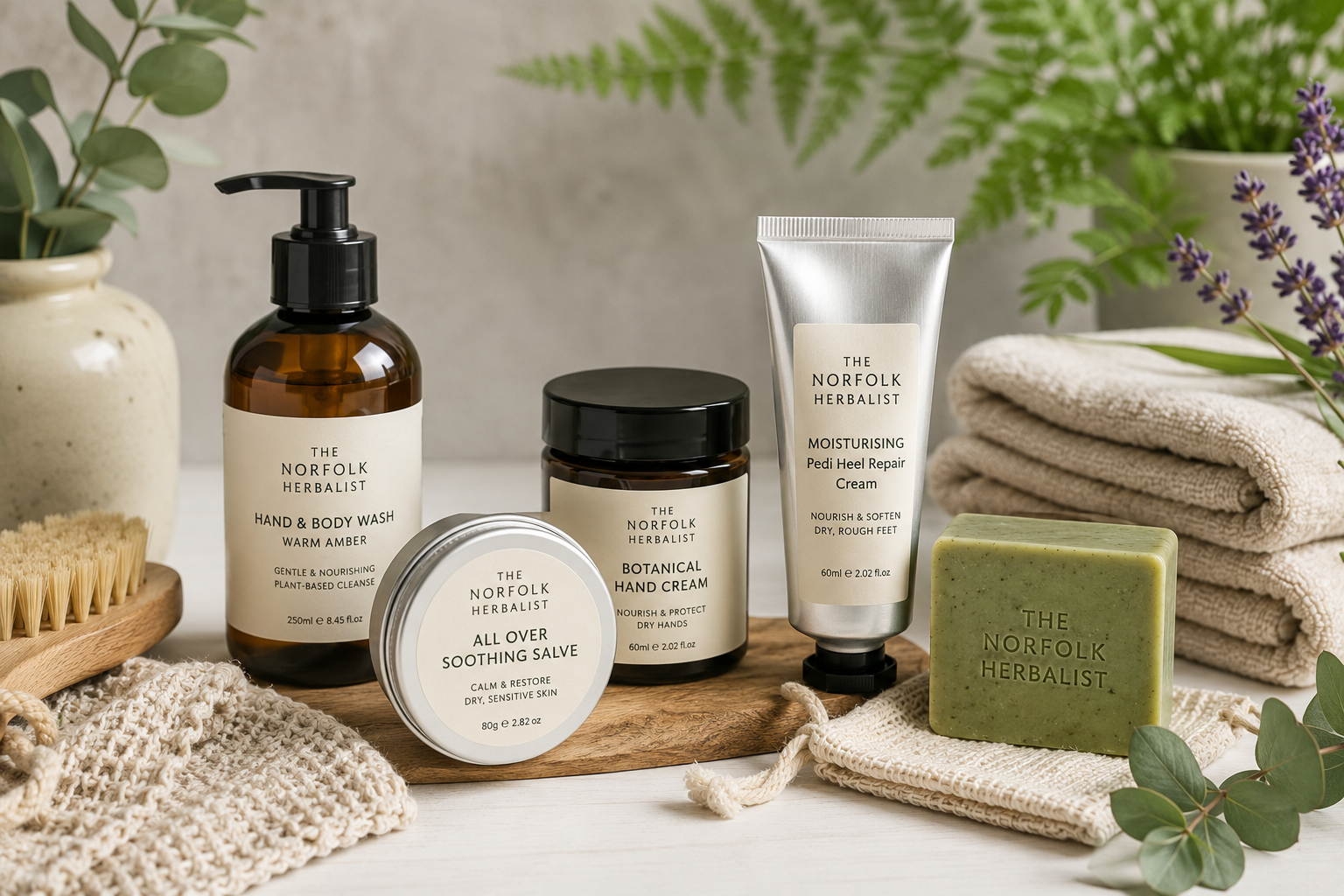 The Norfolk Herbalist hand and body care collection with body wash, soothing salve, hand cream, heel cream and natural soap in a botanical bathroom setting.