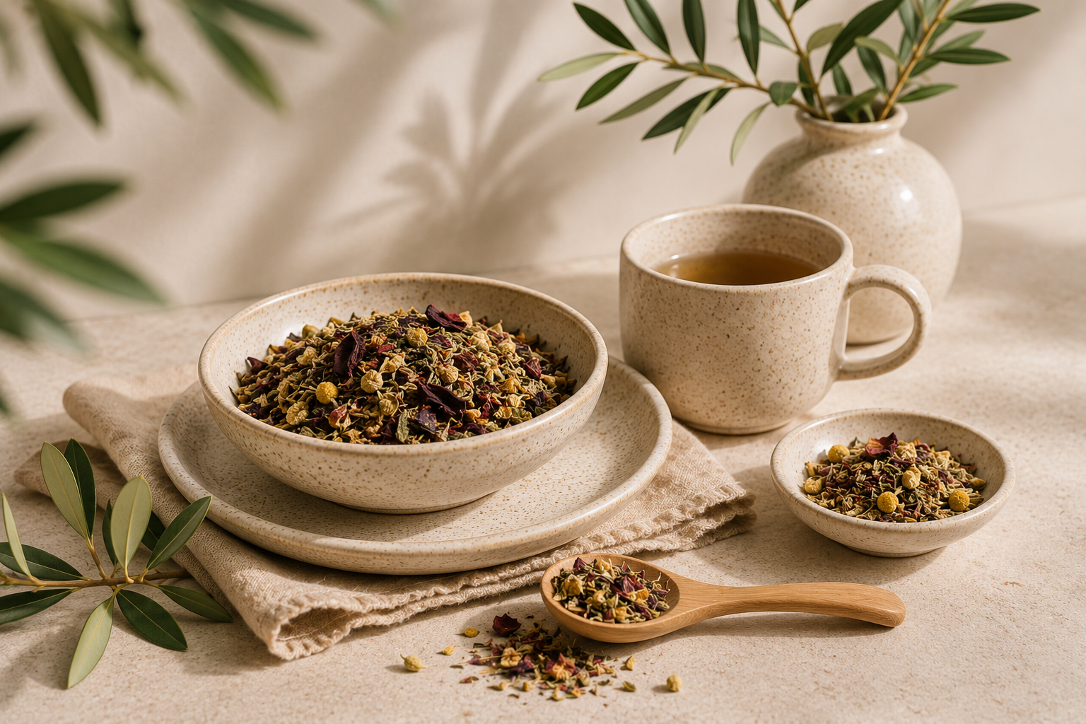 Loose leaf herbal teas in ceramic bowls with a cup of tea